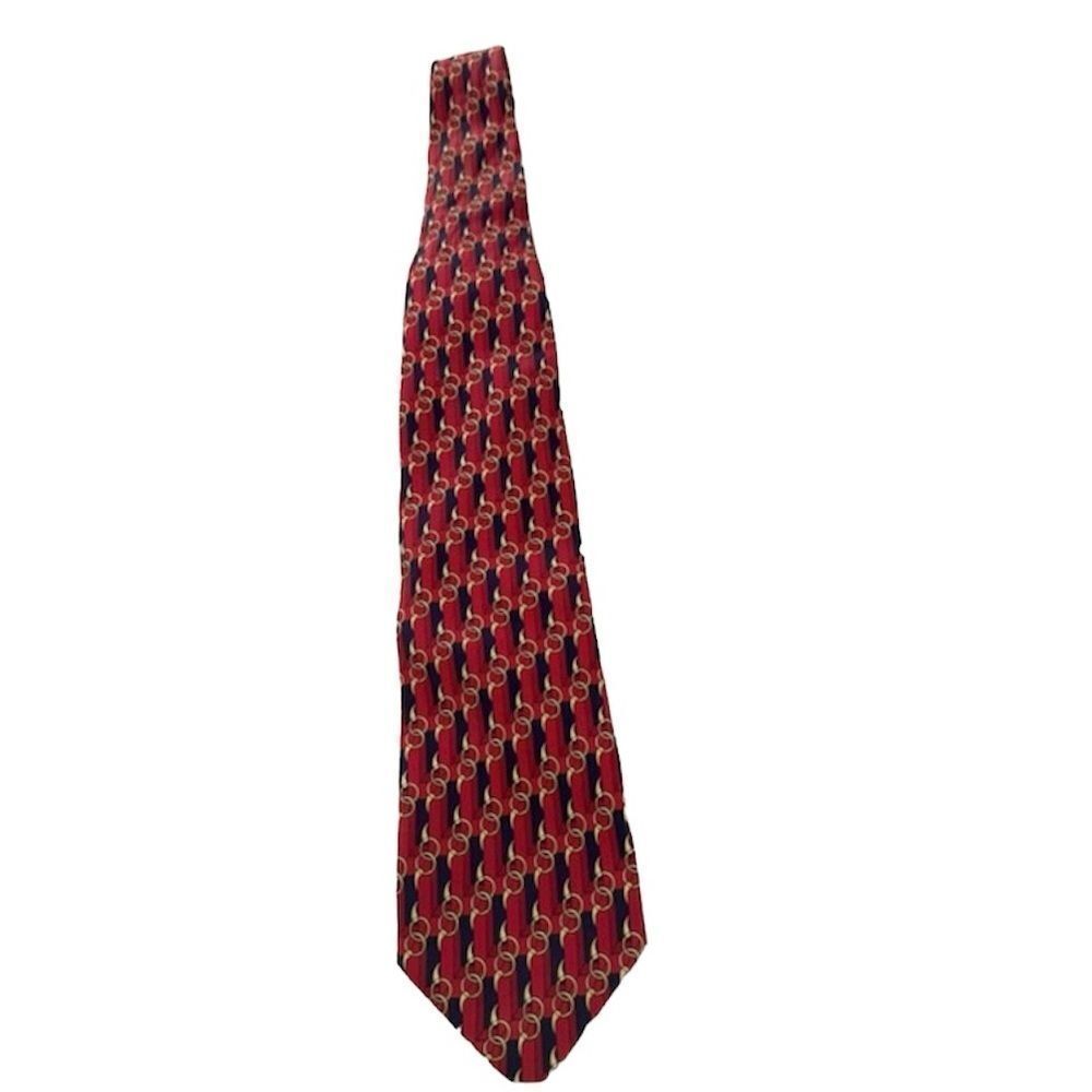 Vintage Paolo Gucci Red Navy Horse Bit Pattern Print Silk Made In Italy Tie